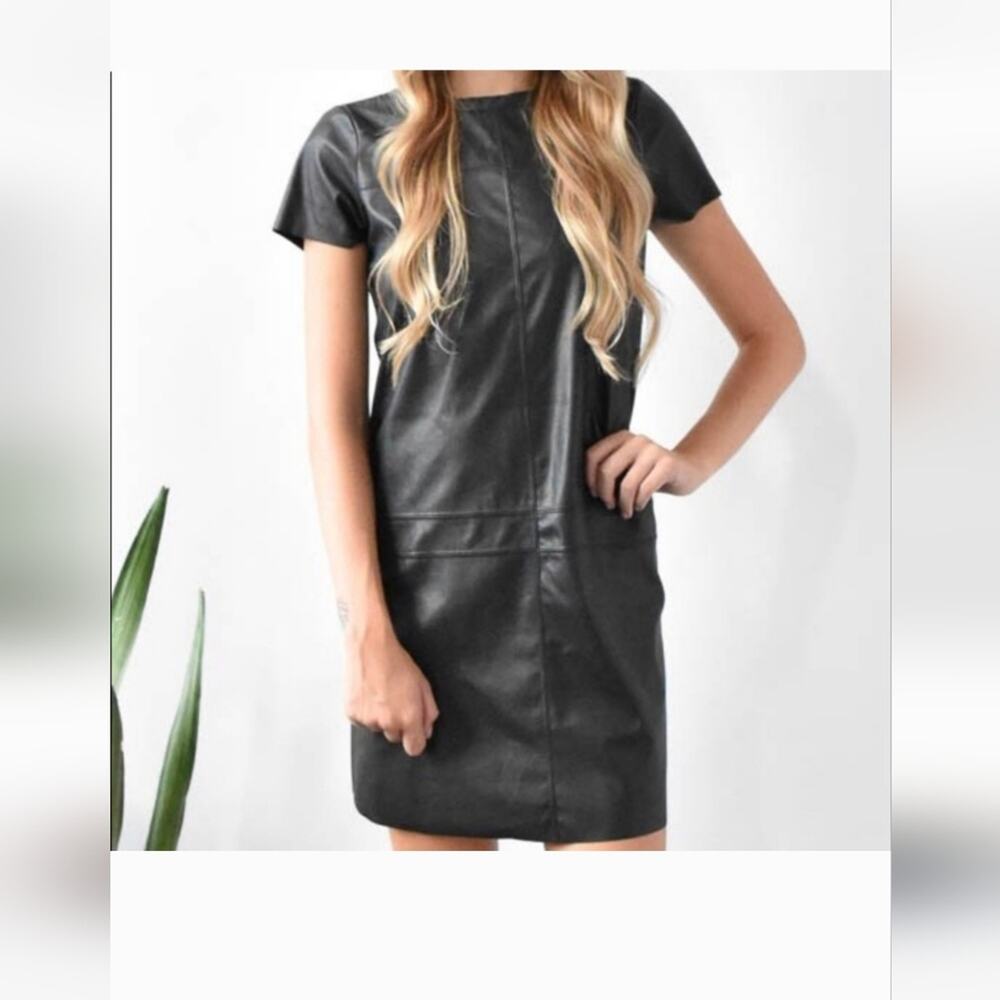 Lavender Brown Faux Leather Black Mini  T-shirt dress XS